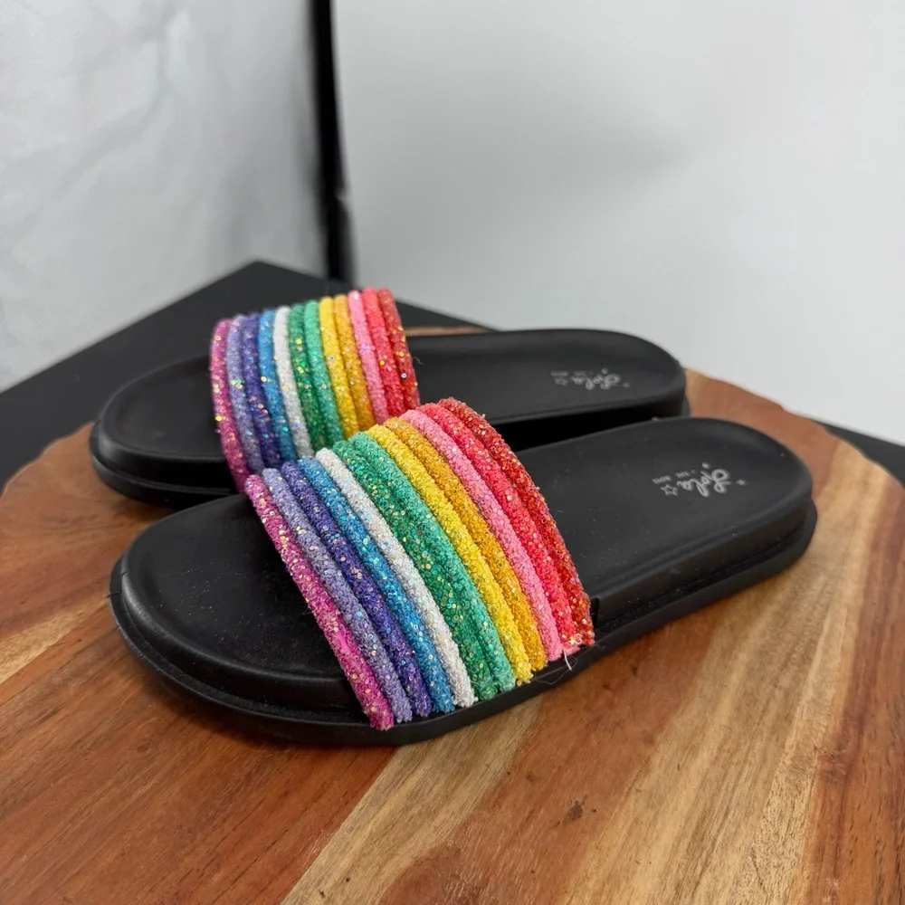 Lola + The Boys Black Glitter Rainbow Slides sandals 35‎ sz US 4Y